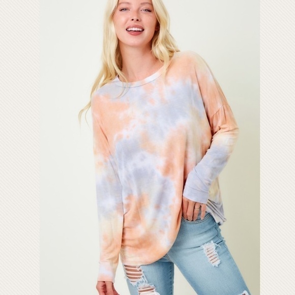 Apricot & Grey Tie Dye Jersey Tunic Top - Picture 1 of 6